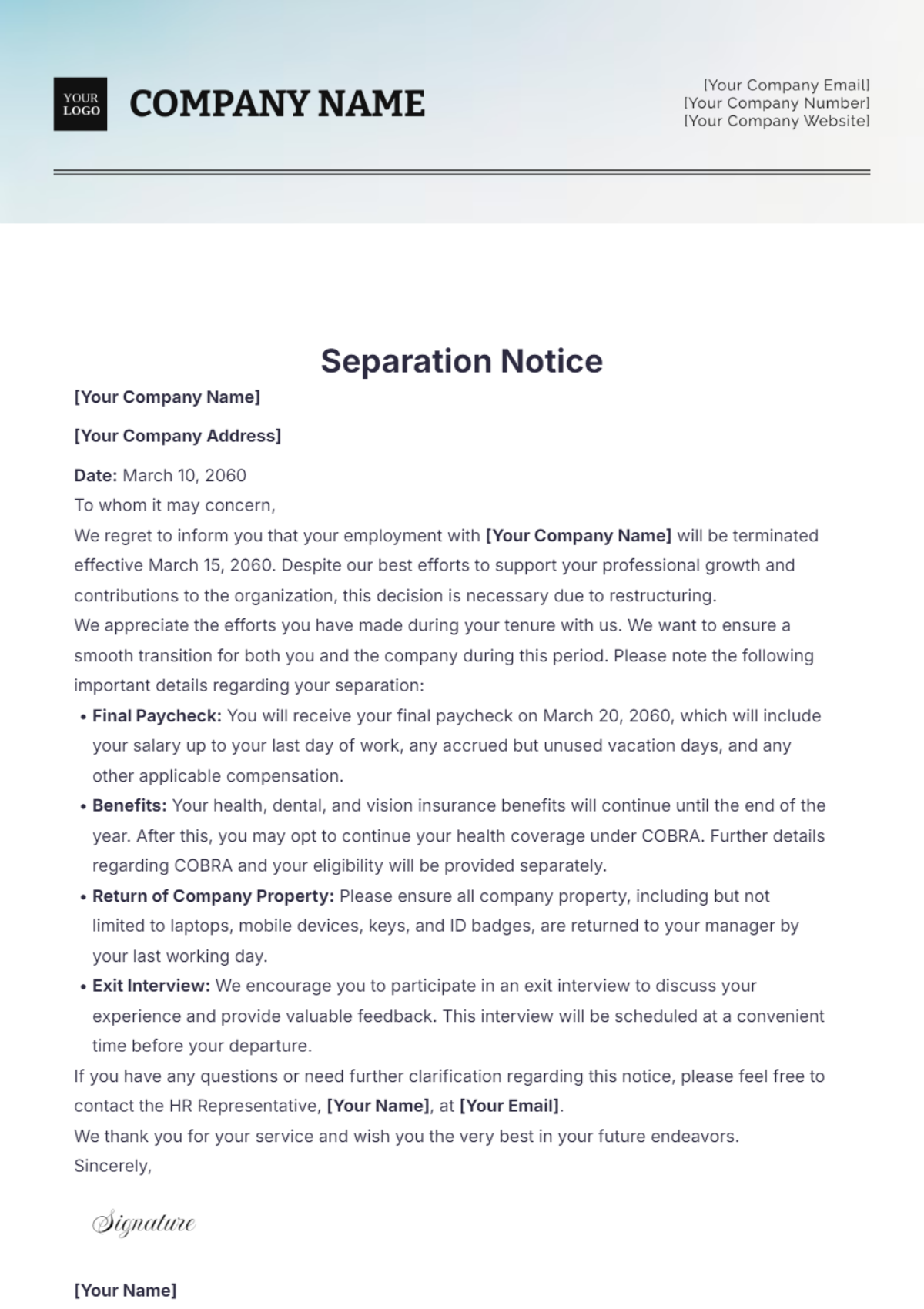 Free Separation Notice Template - Edit Online & Download | Template.net