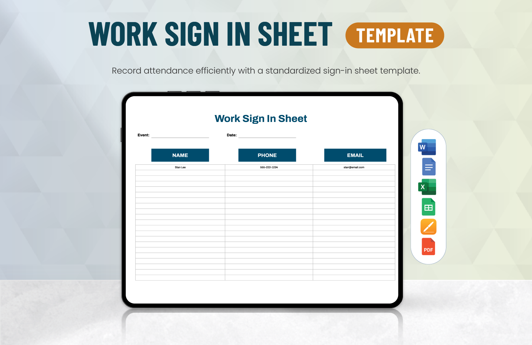 Work Sign In Sheet Template in Word, Google Docs, Excel, PDF, Google Sheets, Apple Pages