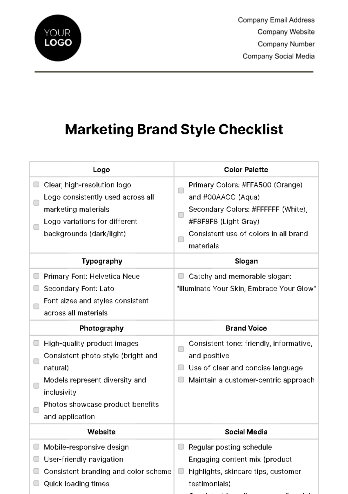 Free Marketing Brand Style Checklist Template