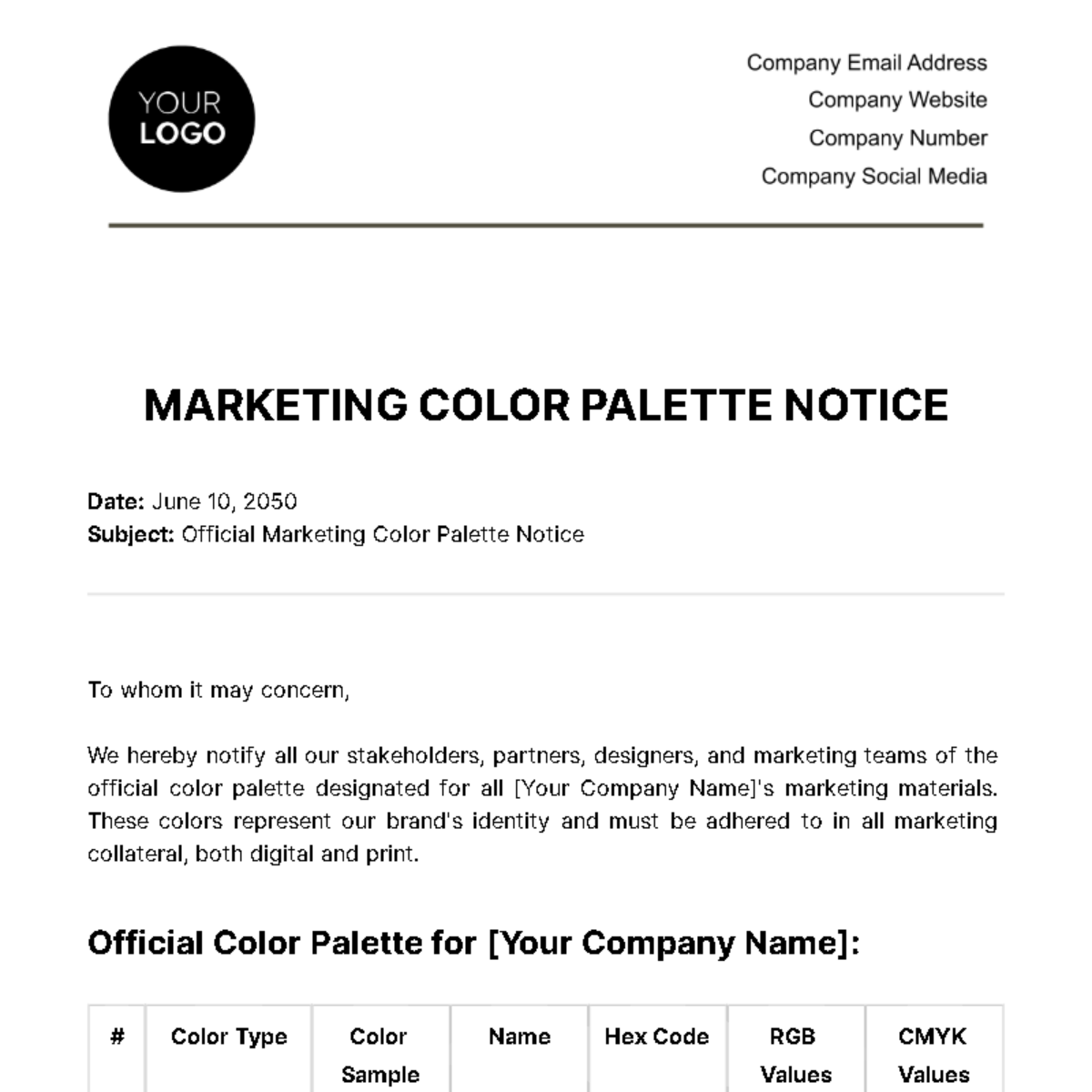Marketing Color Palette Notice Template