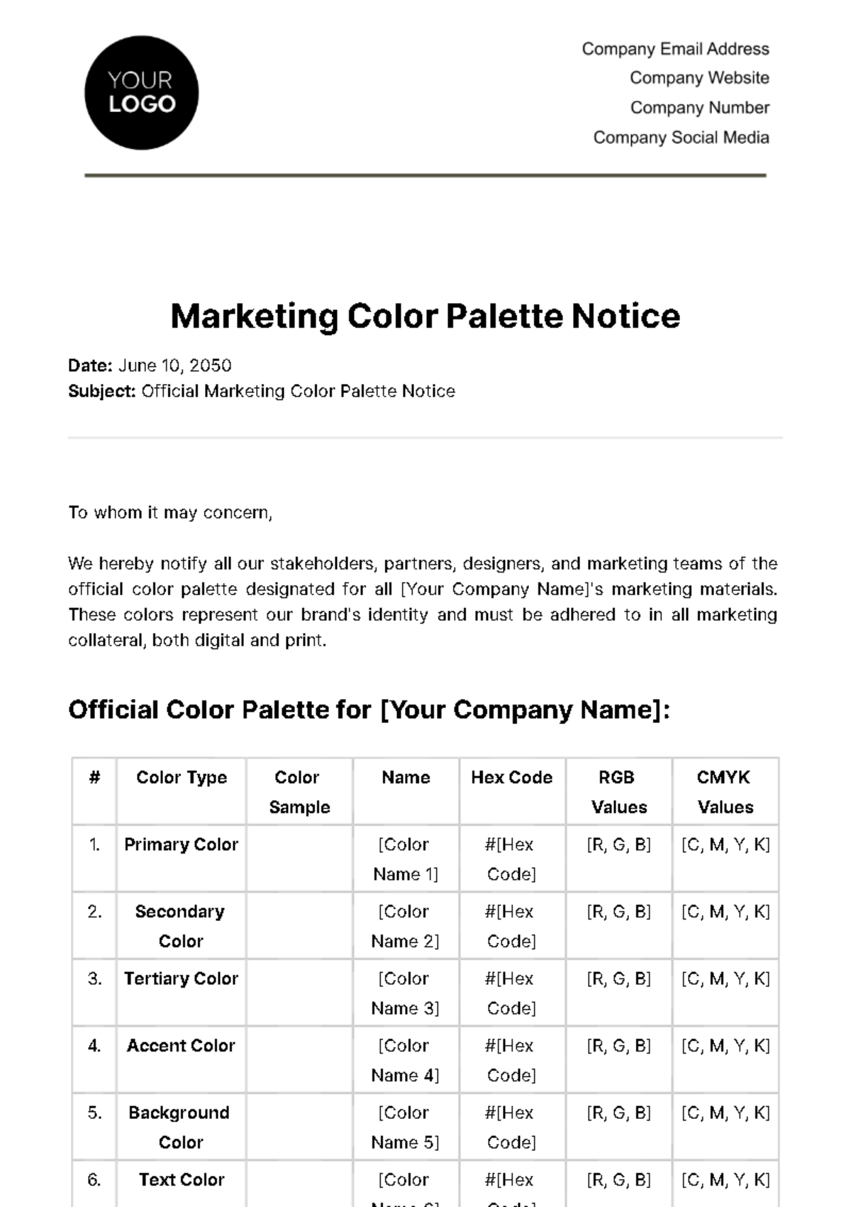 Marketing Color Palette Notice Template