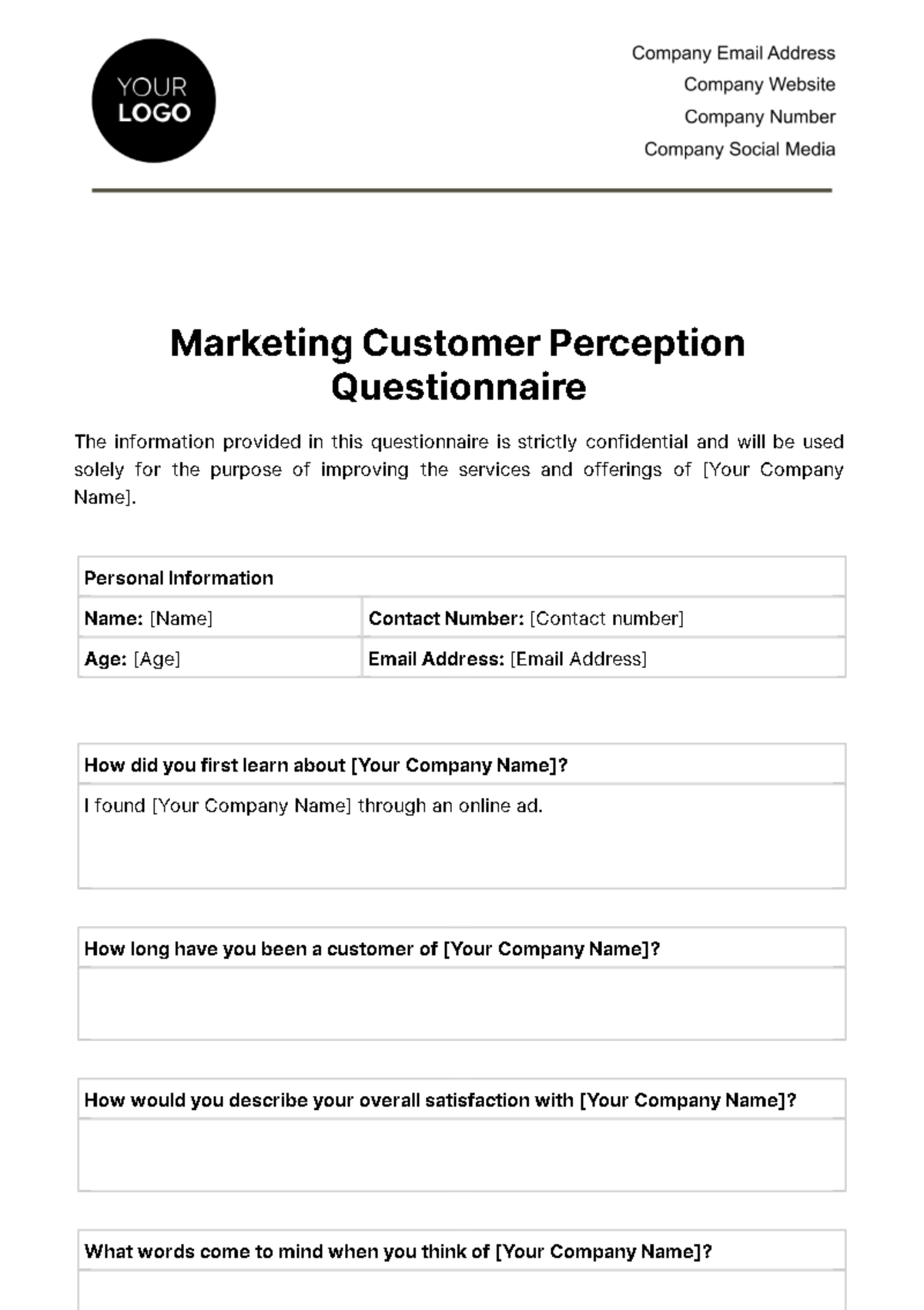 Marketing Customer Perception Questionnaire Template