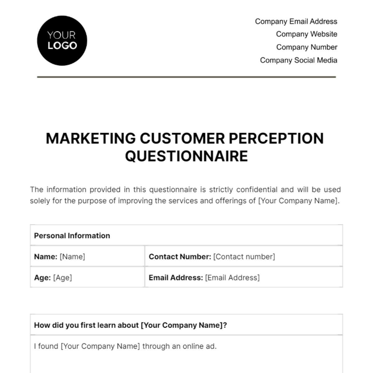 Marketing Customer Perception Questionnaire Template - Edit Online & Download