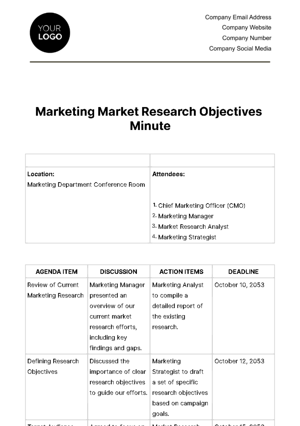 Free Marketing Market Research Objectives Minute Template