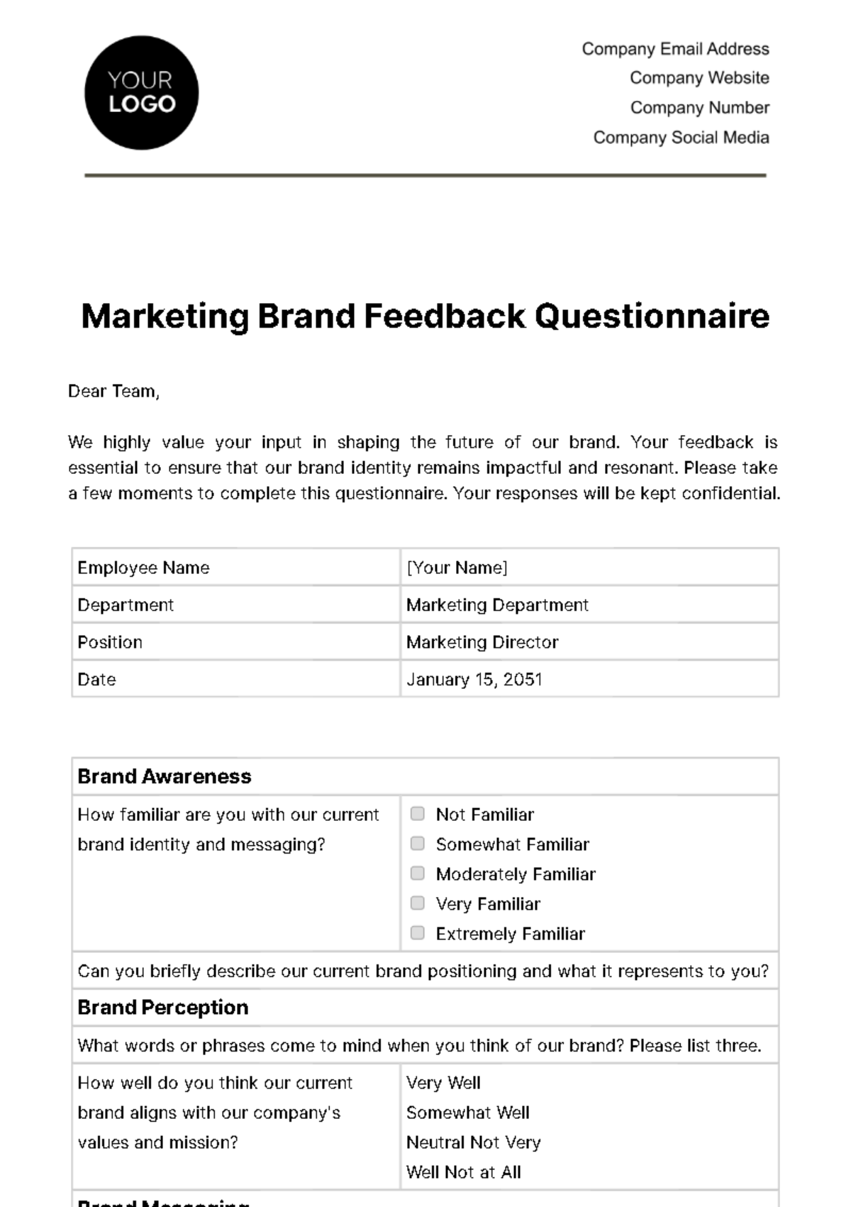 Marketing Brand Feedback Questionnaire Template