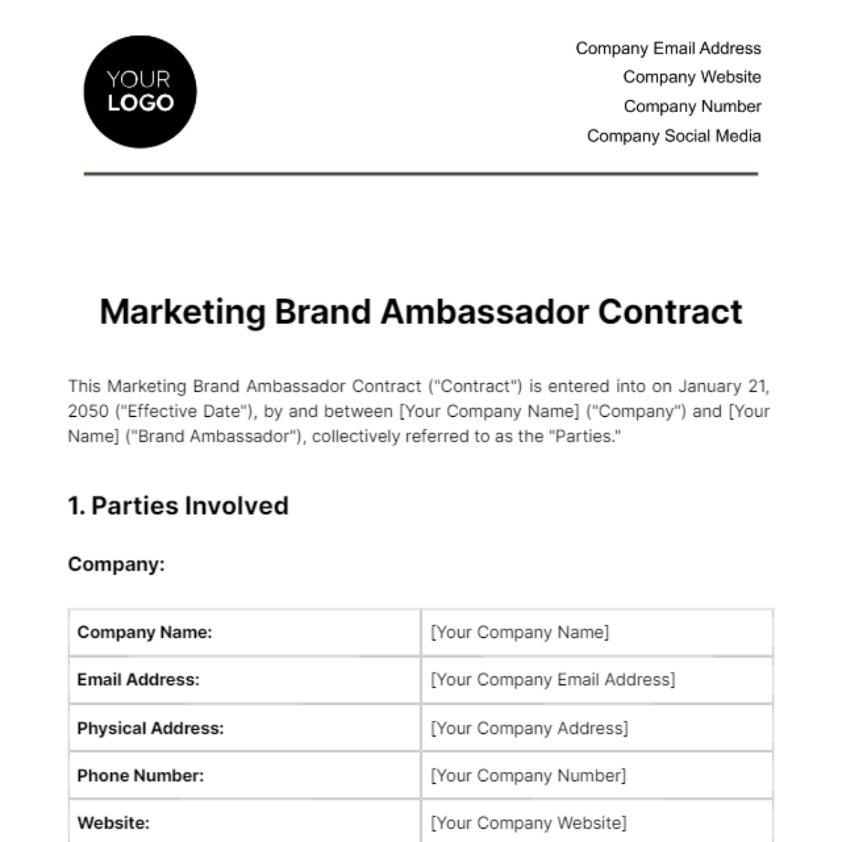 Marketing Brand Ambassador Contract Template - Edit Online & Download