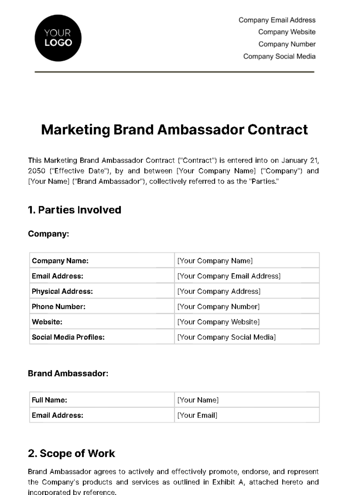 Marketing Brand Ambassador Contract Template