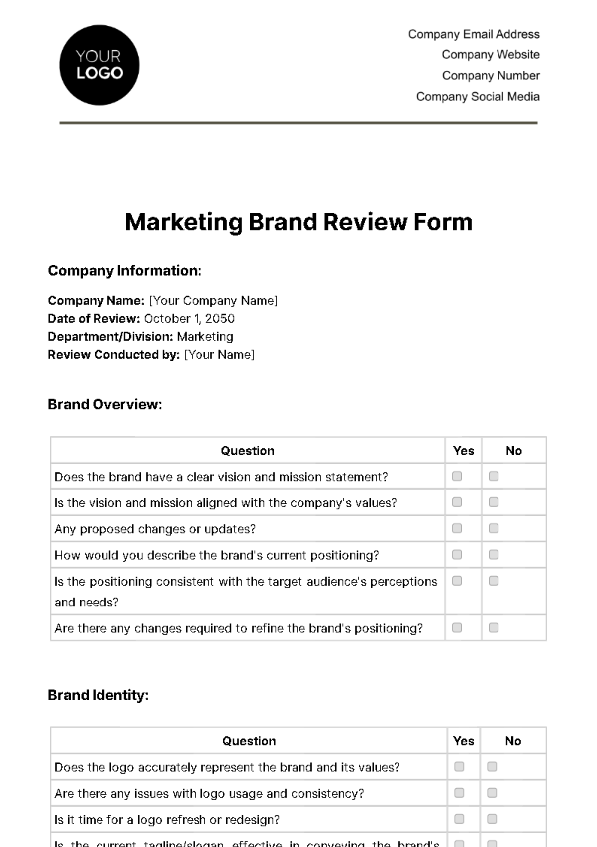 Marketing Brand Review Form Template