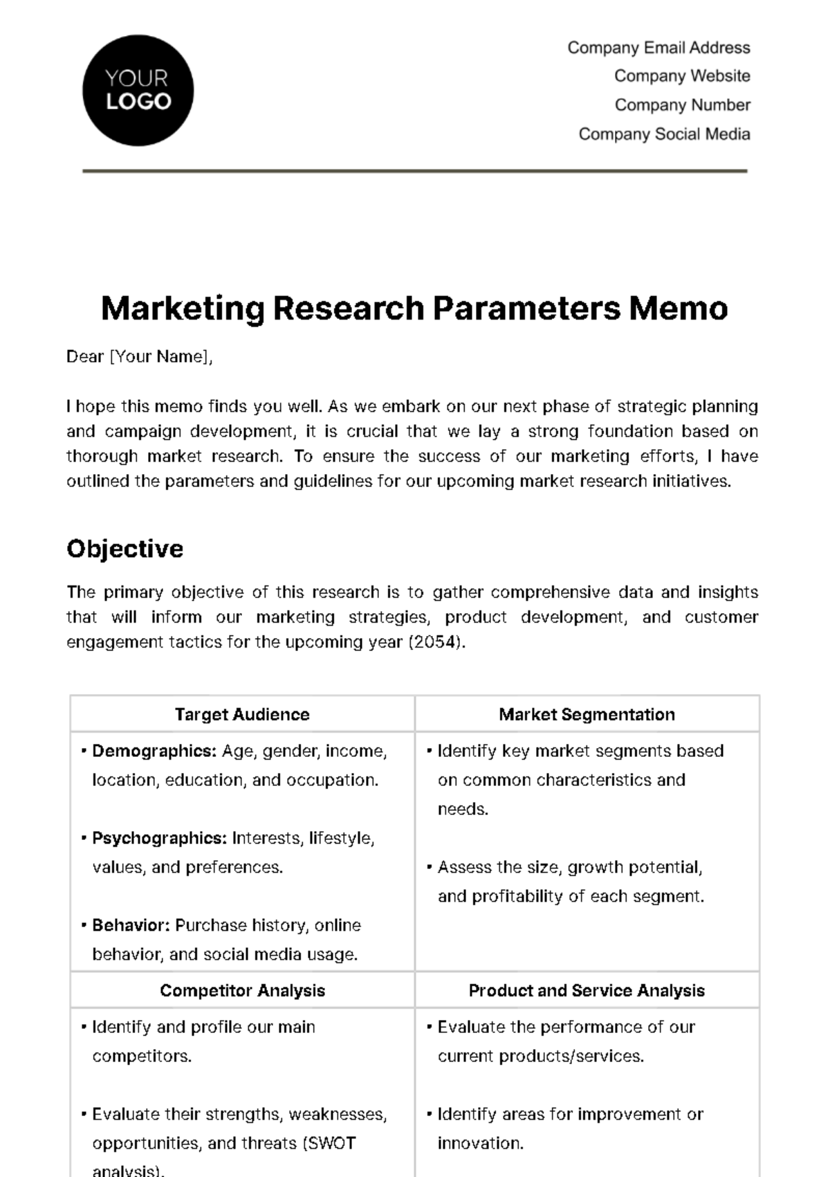 Free Marketing Research Parameters Memo Template