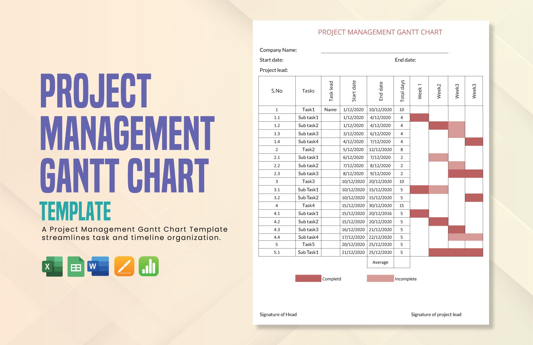 Project Management Gantt Chart Template in Word, Excel, Google Sheets, Apple Pages, Apple Numbers