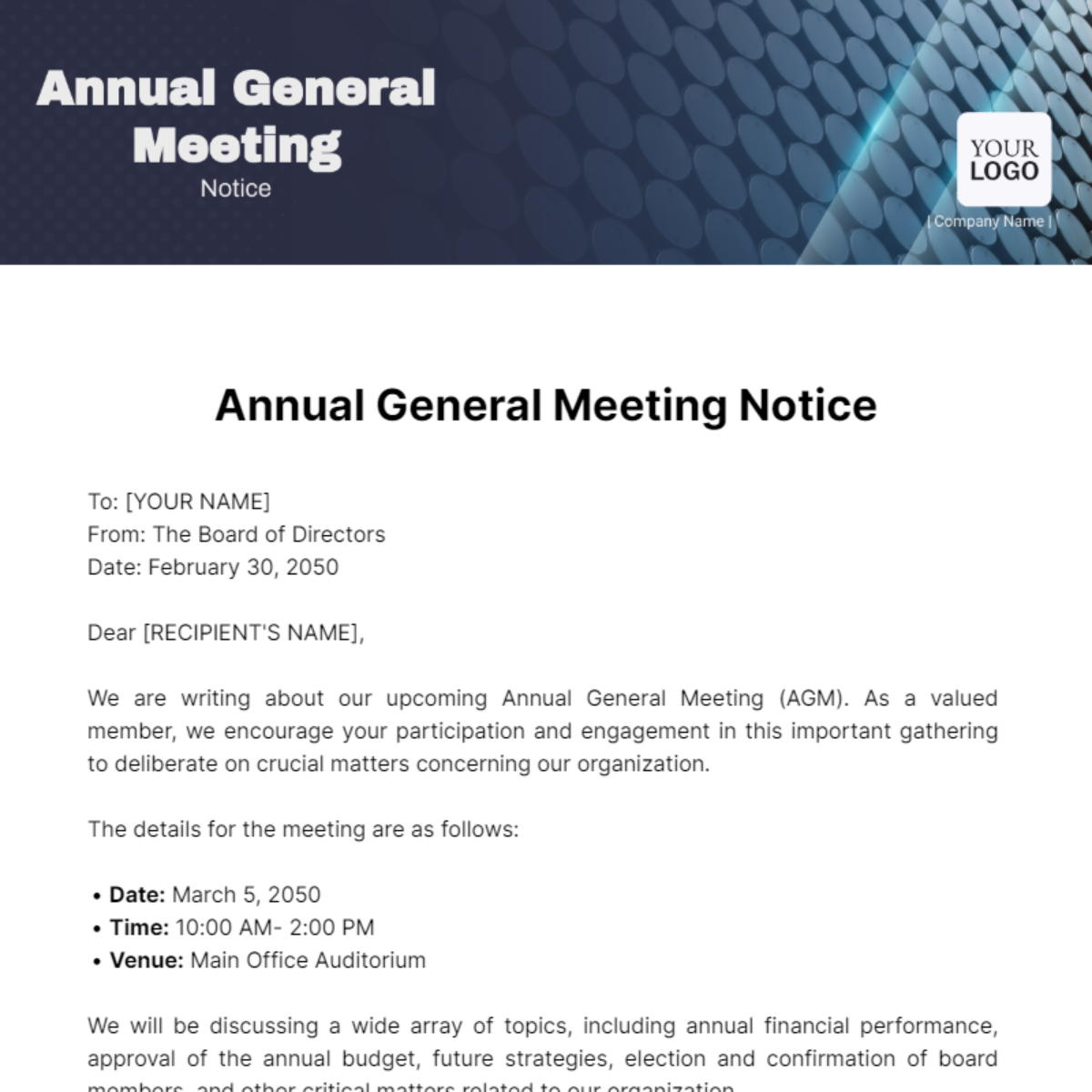 Annual General Meeting Notice Template - Edit Online & Download