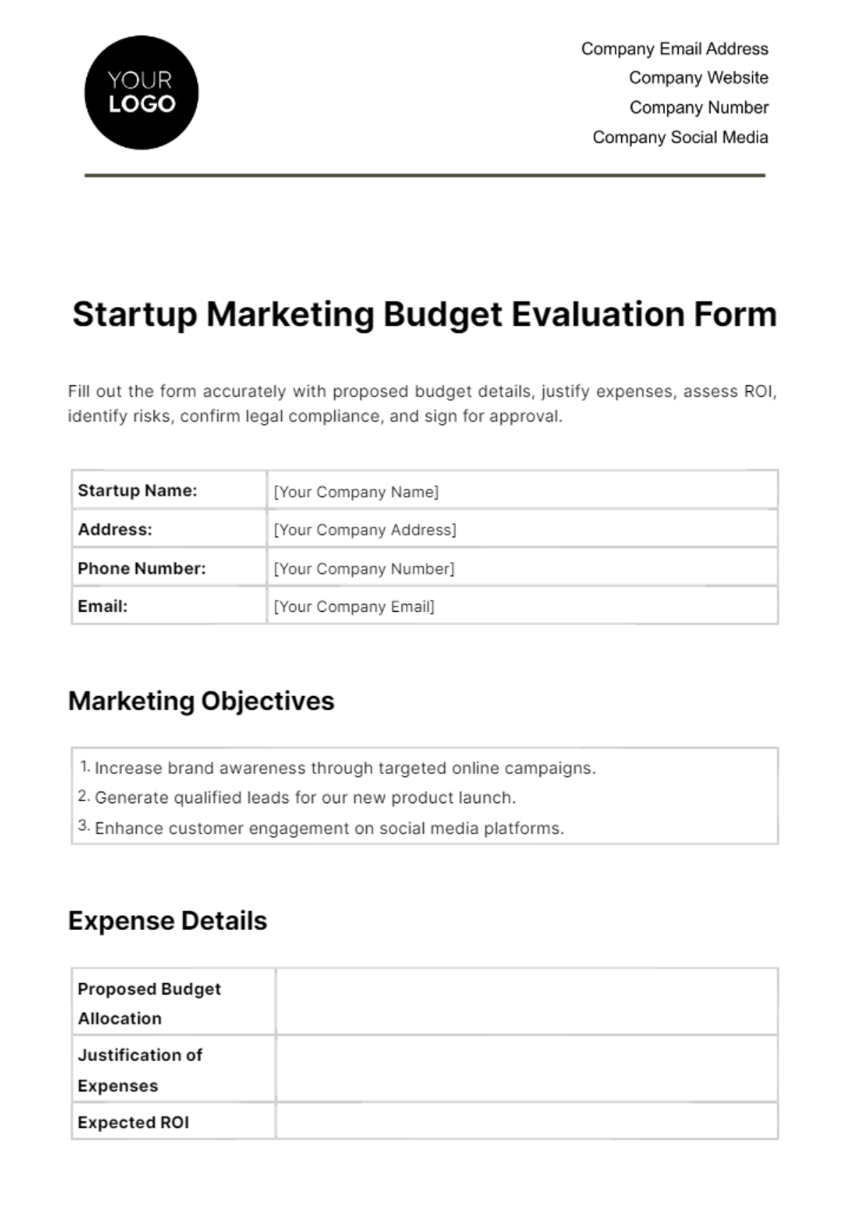 Startup Marketing Budget Evaluation Form Template