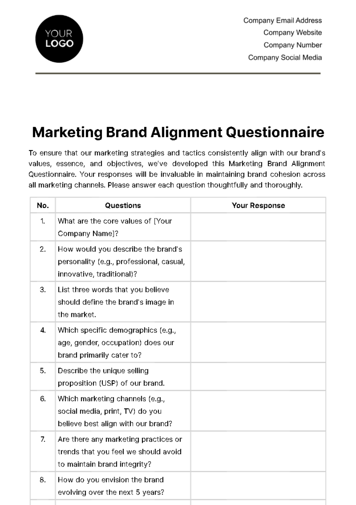 Free Marketing Brand Alignment Questionnaire Template