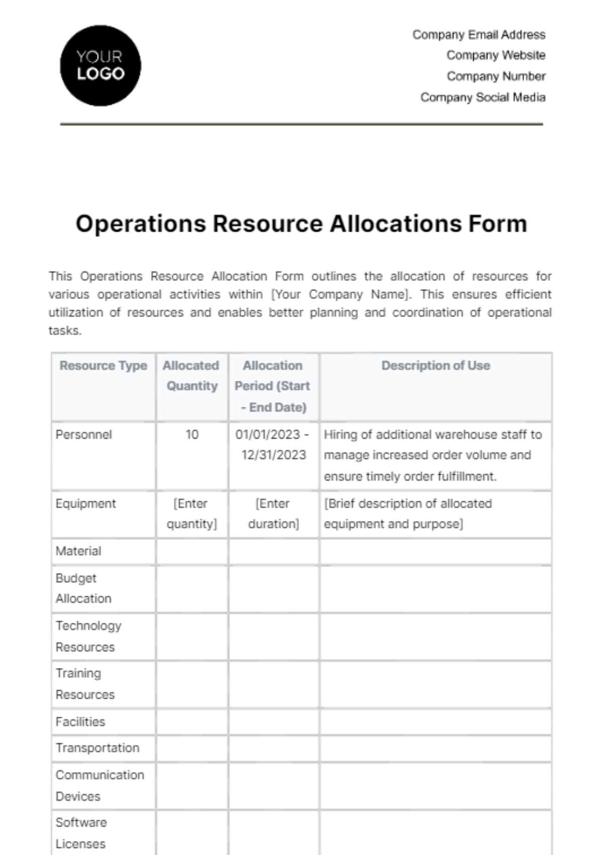 Free Operations Resource Allocation Form Template