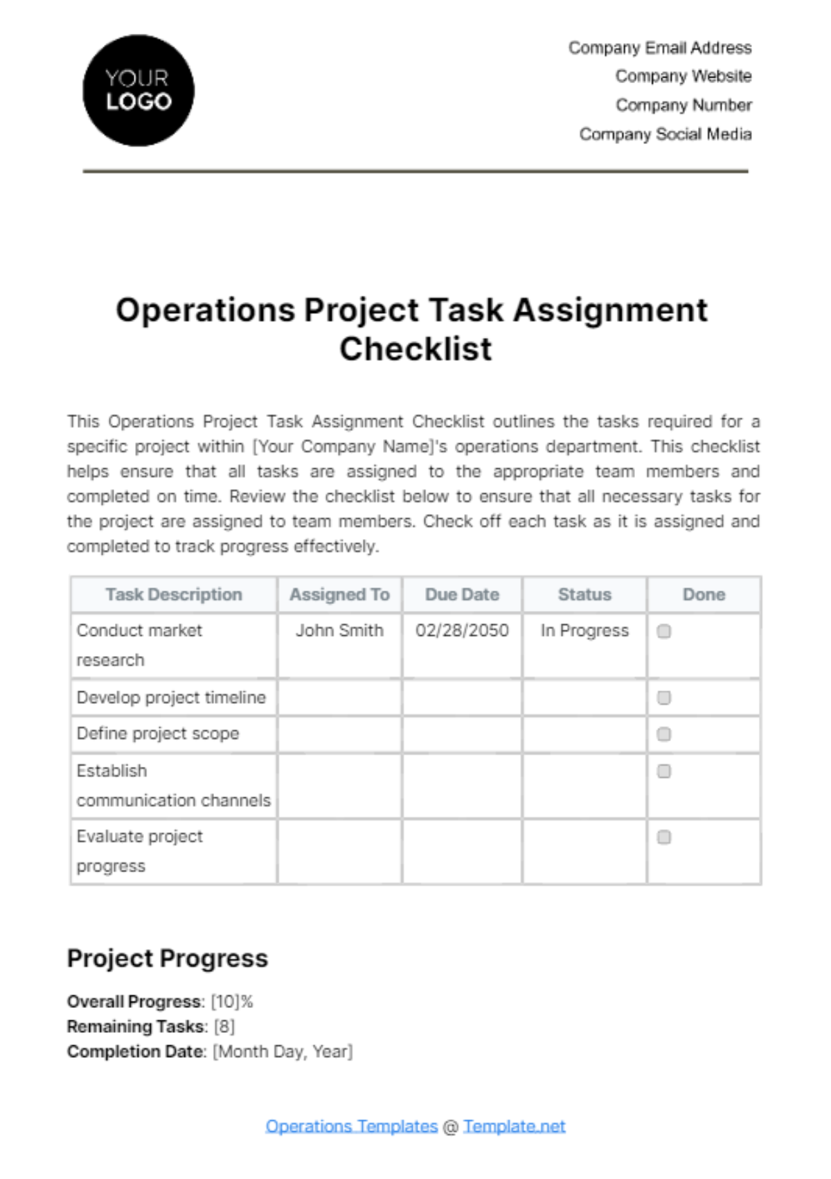 Free Operations Project Task Assignment Checklist Template