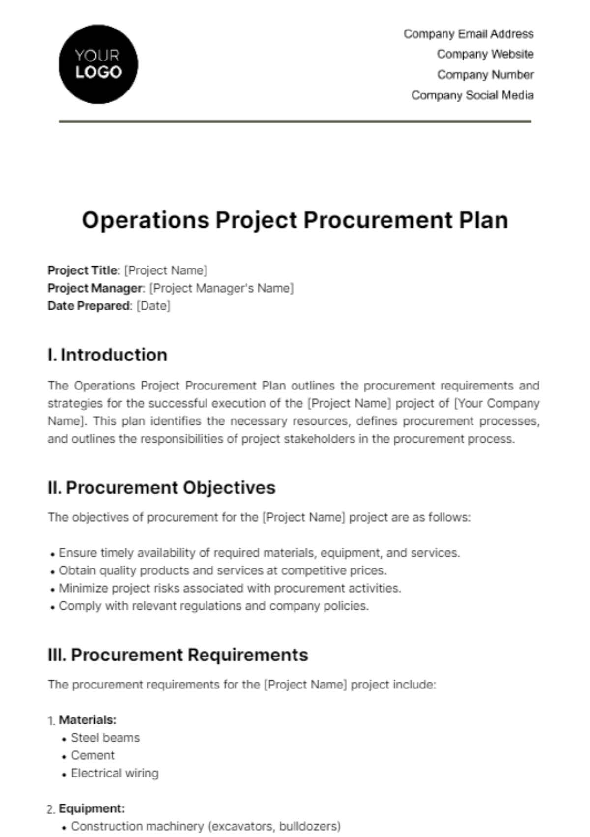 Free Operations Project Procurement Plan Template