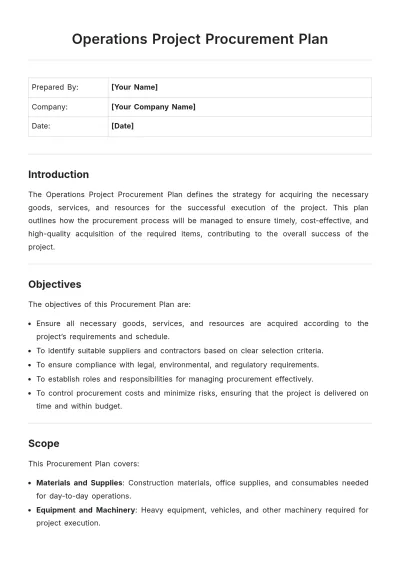 Free Operations Project Procurement Plan Template to Edit Online