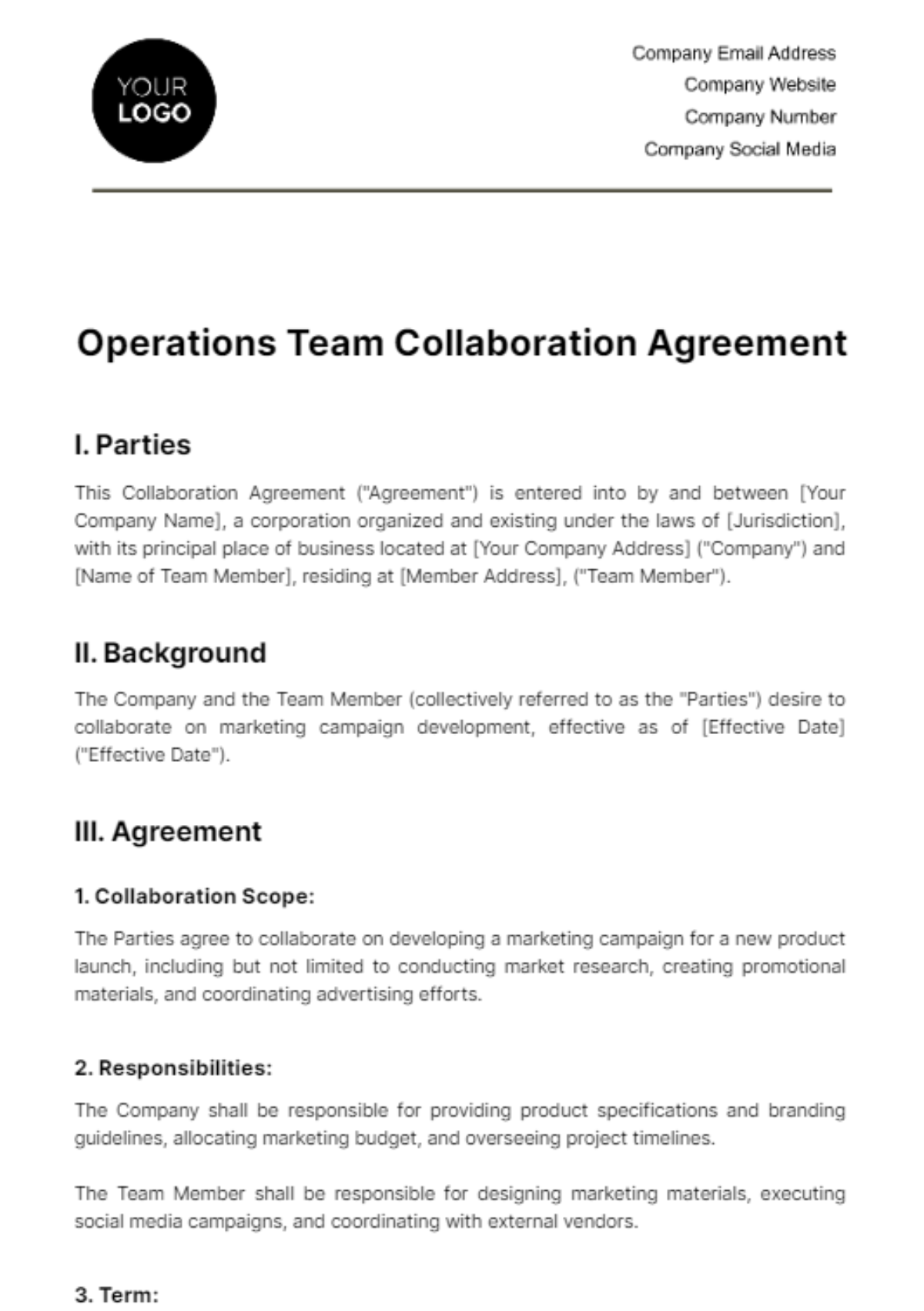 Free Operations Team Collaboration Agreement Template