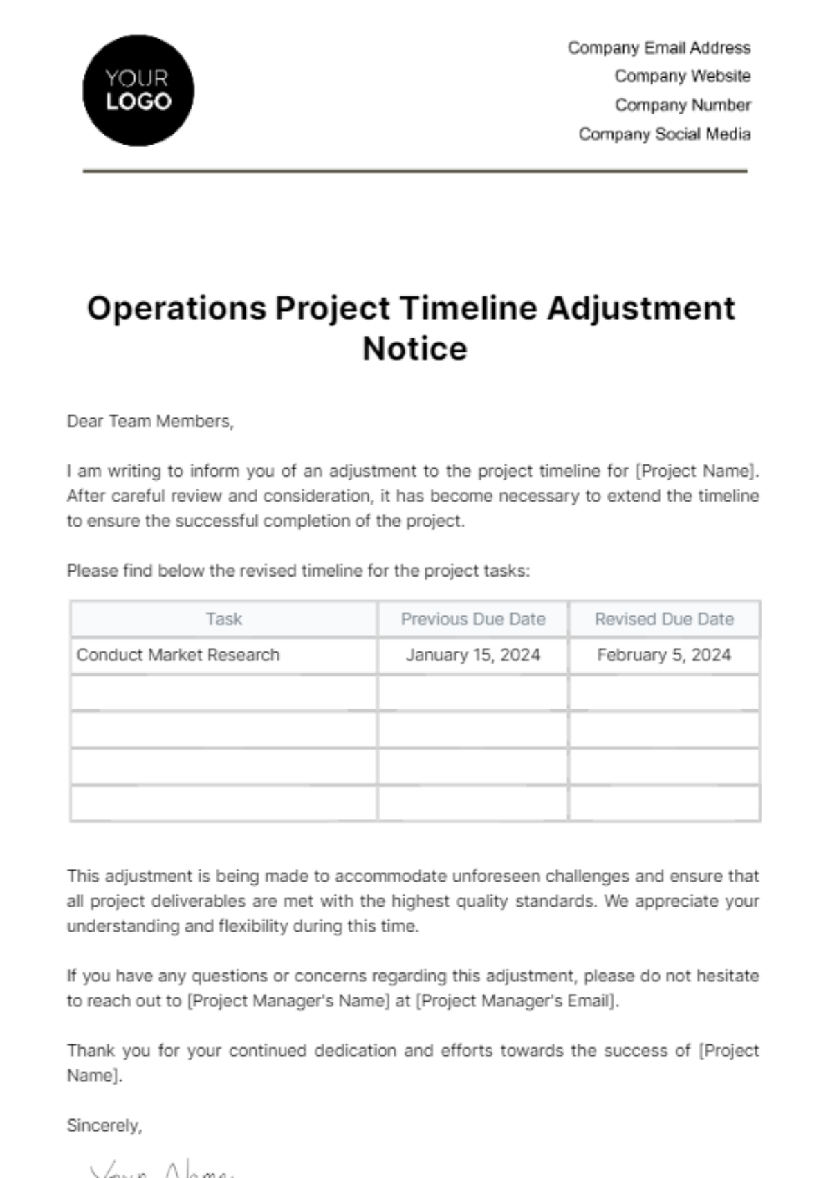 Free Operations Project Timeline Adjustment Notice Template