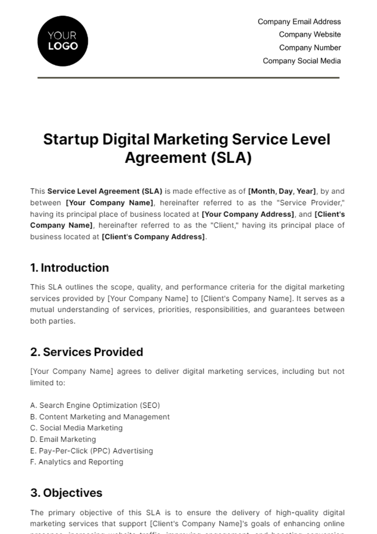 Startup Digital Marketing SLA Template