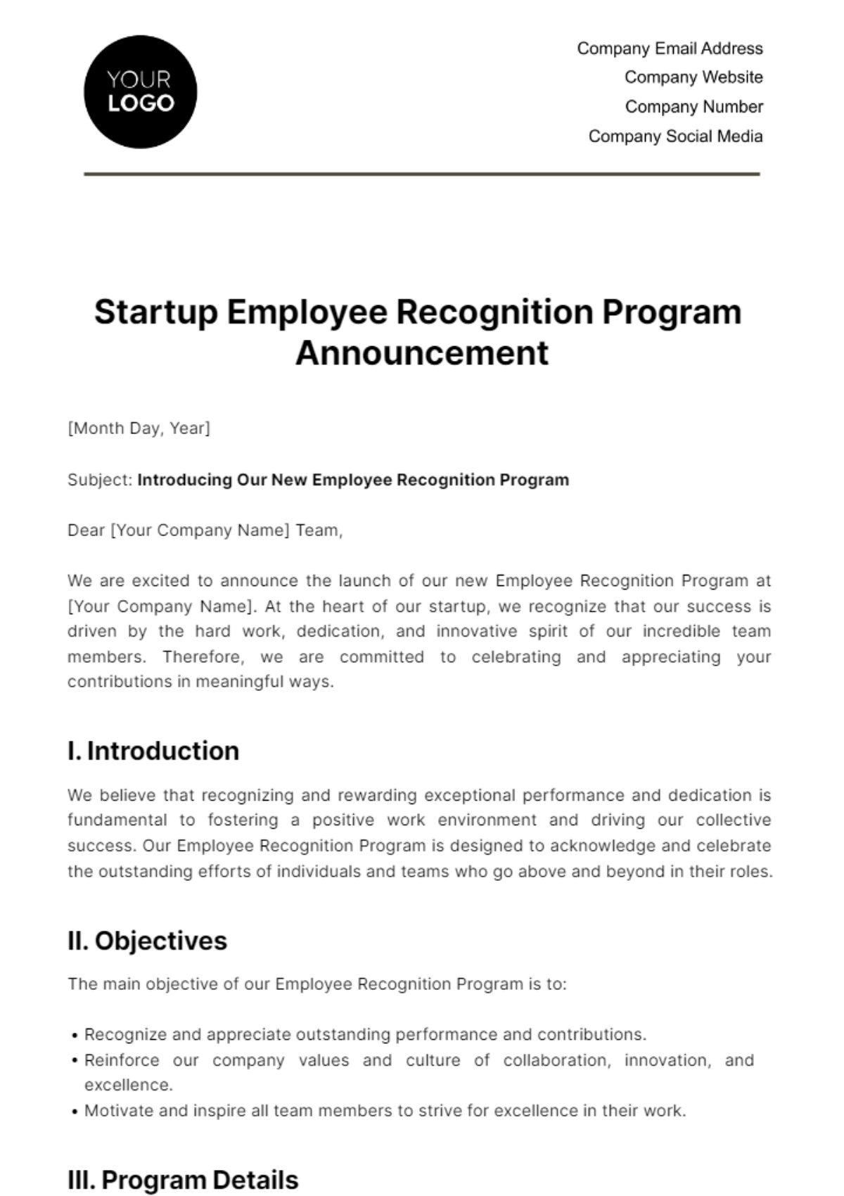 Startup Employee Recognition Program Announcement Template