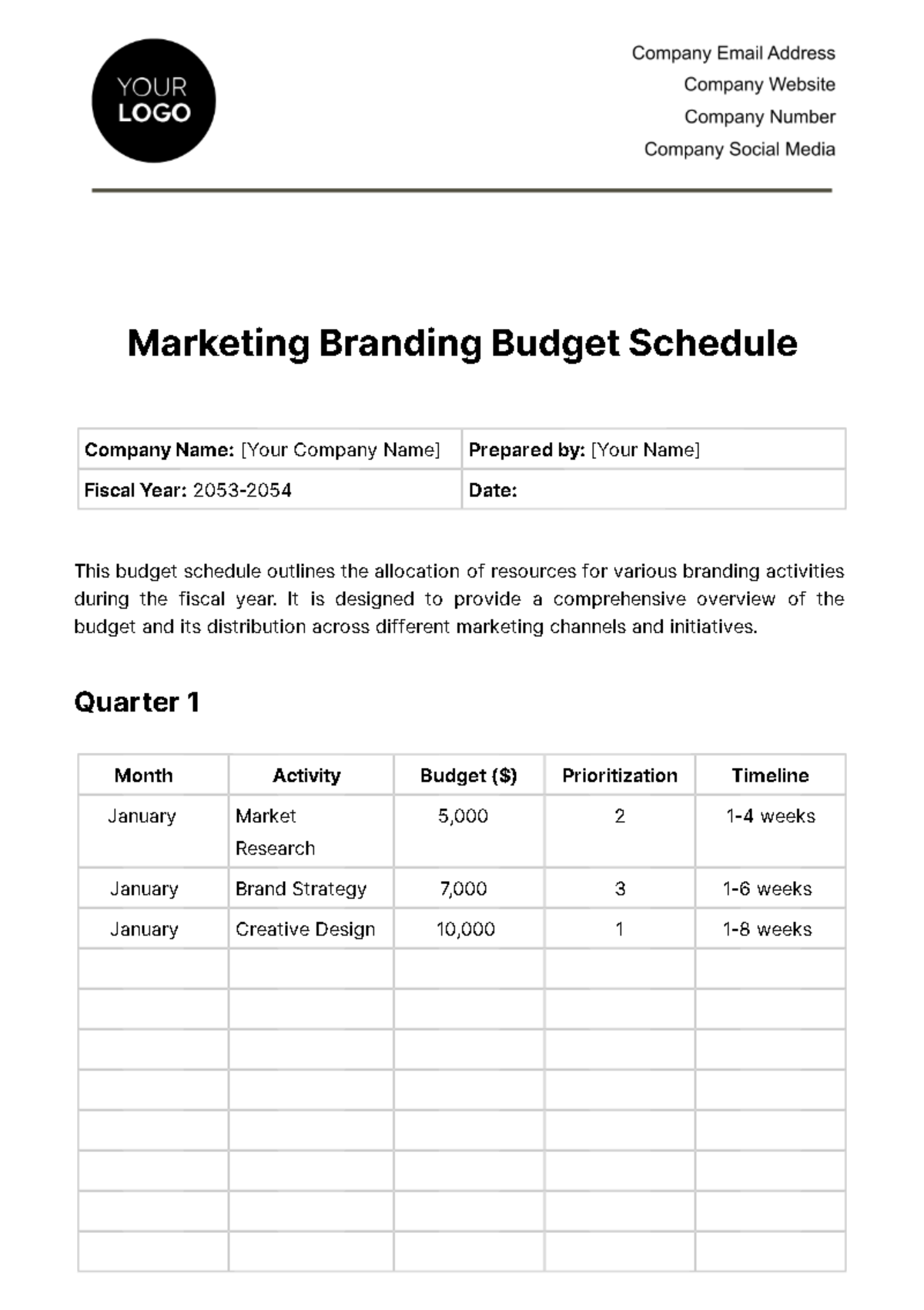 Free Marketing Branding Budget Schedule Template