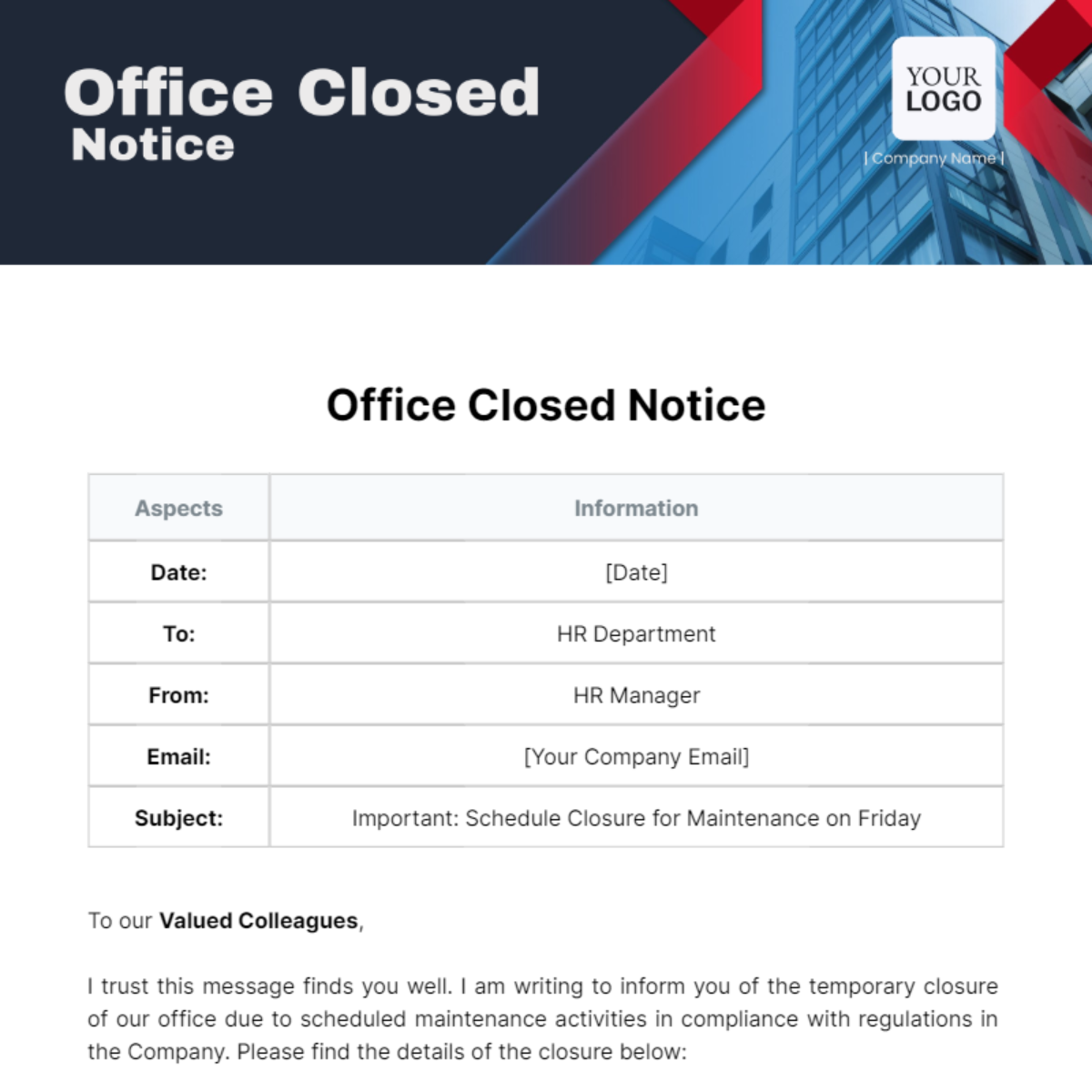 Office Closed Notice Template - Edit Online & Download