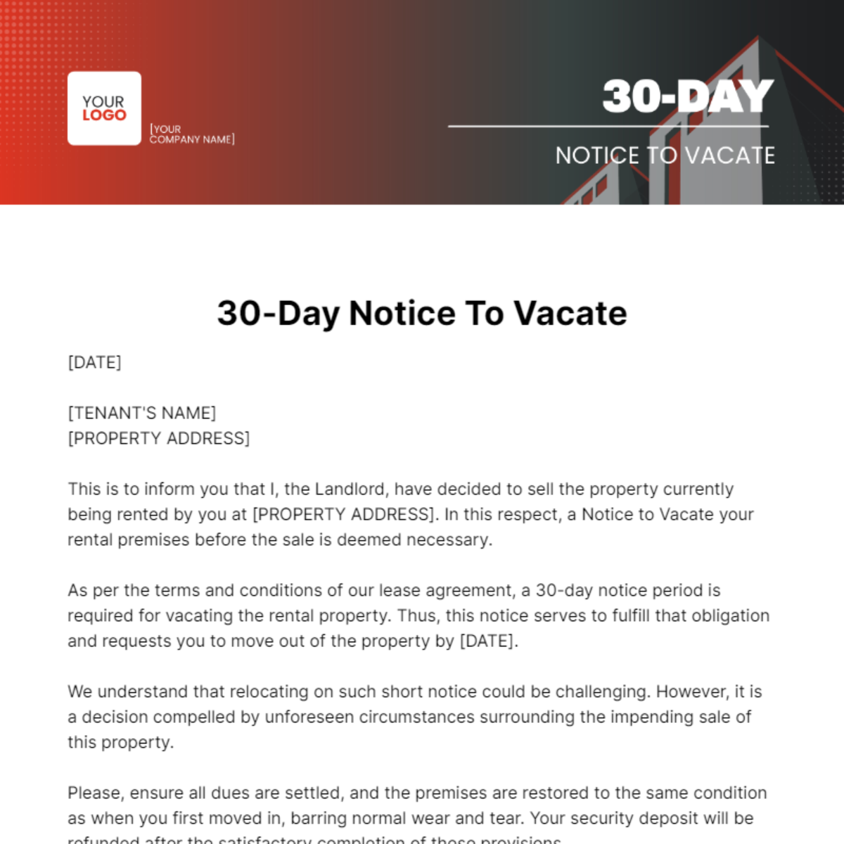30-Day Notice To Vacate Template