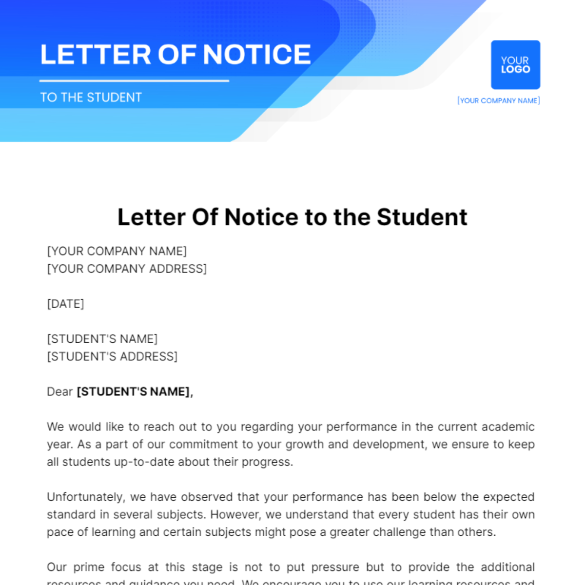 Letter Of Notice to the Student Template