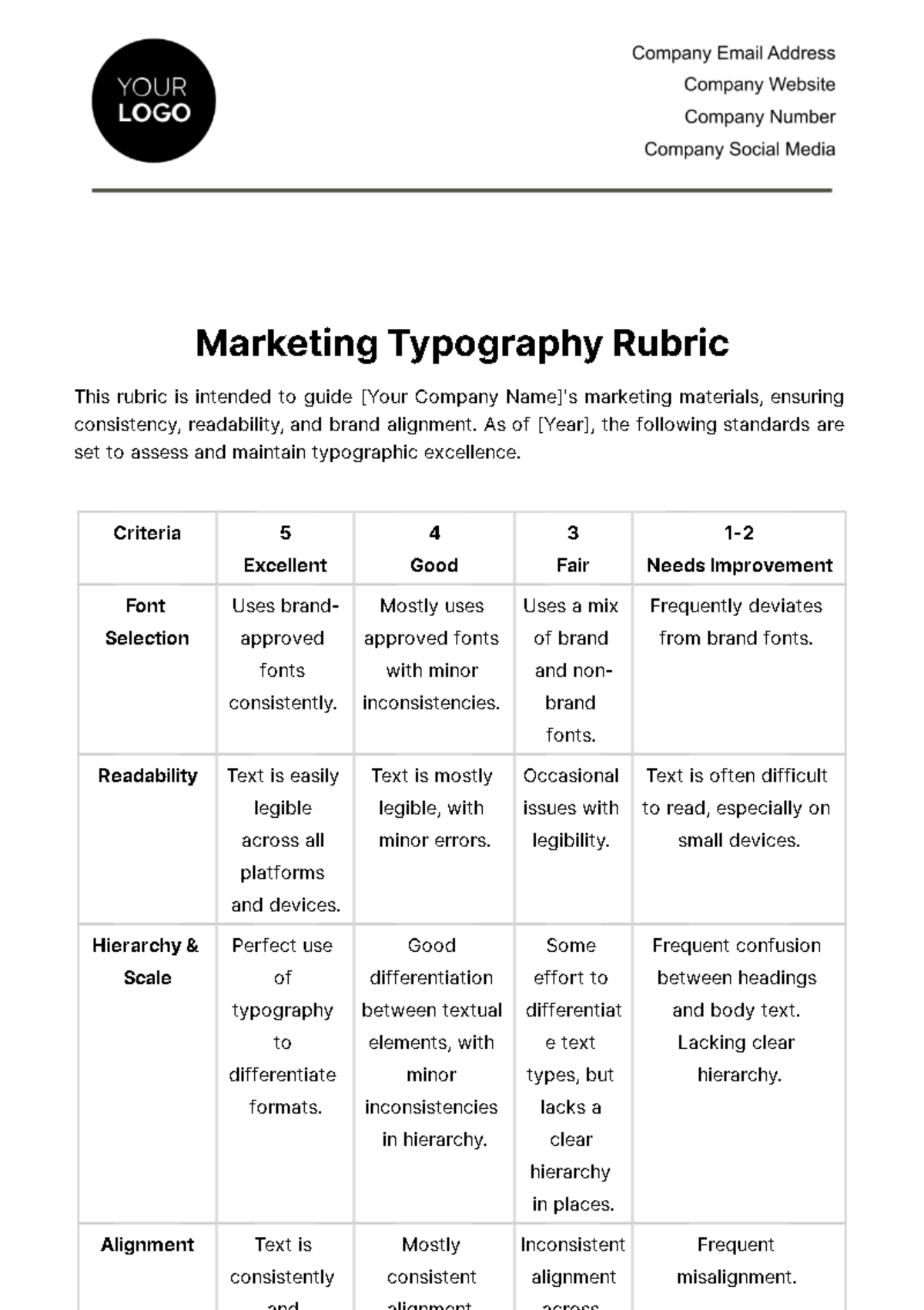 Marketing Typography Rubric Template
