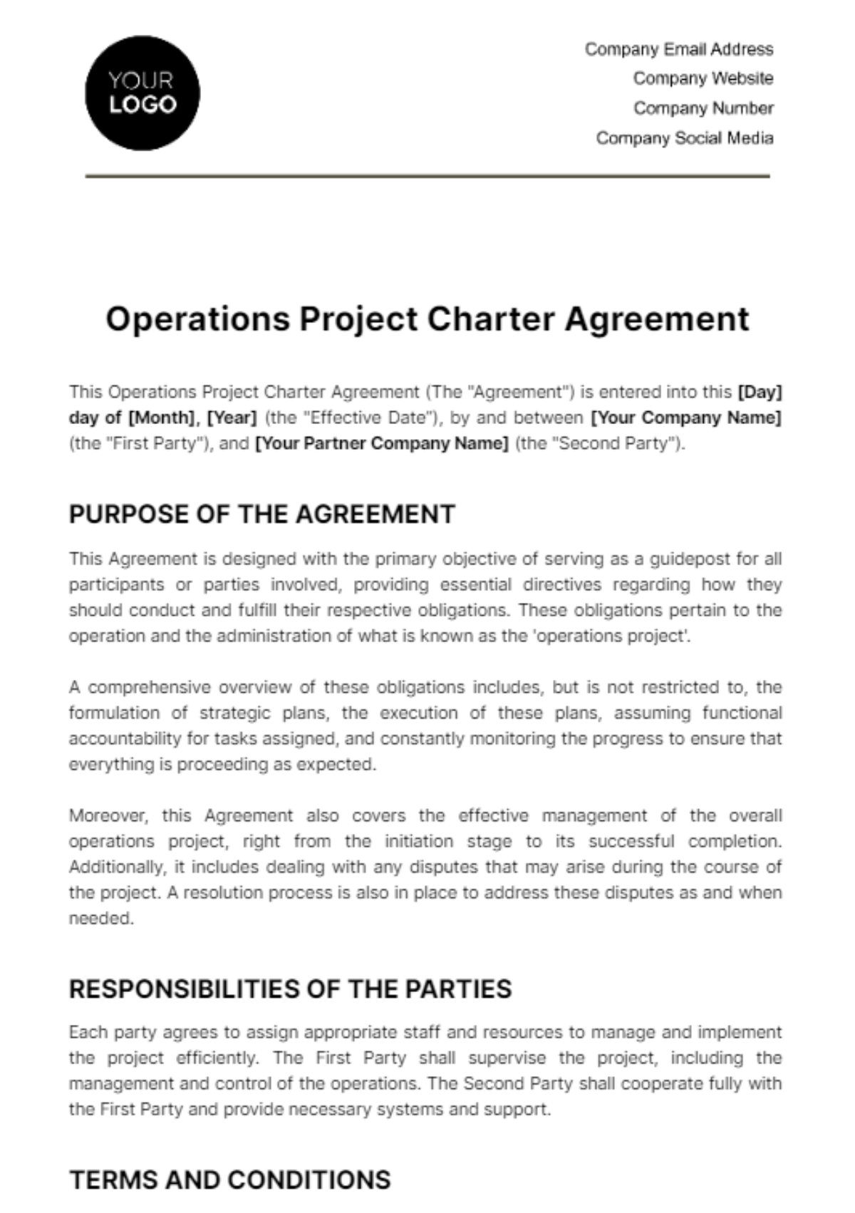 Free Operations Project Charter Agreement Template