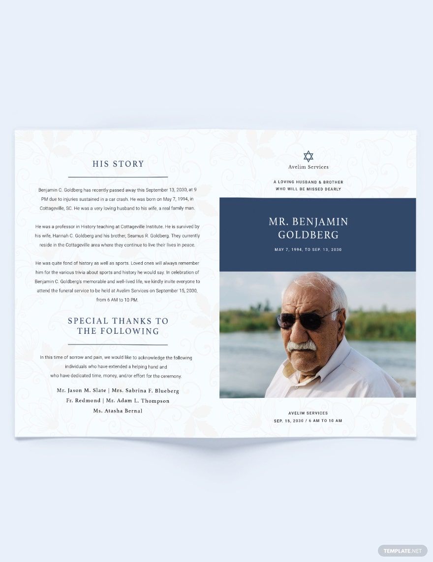Jewish Funeral Program Bi-fold Brochure Template in Word, Google Docs, Illustrator, PSD, Apple Pages, Publisher