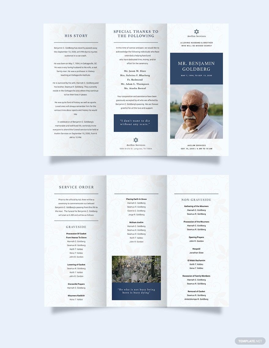 Free Jewish Funeral Program Tri-fold Brochure Template in Word, Google Docs, Illustrator, PSD, Apple Pages, Publisher