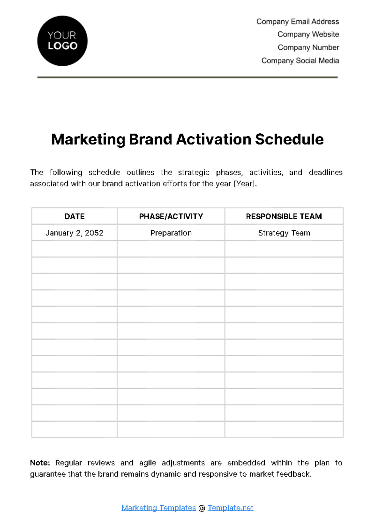 Free Marketing Brand Activation Schedule Template