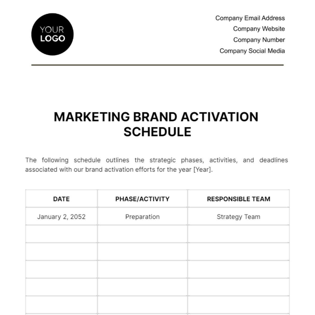 Marketing Brand Activation Schedule Template