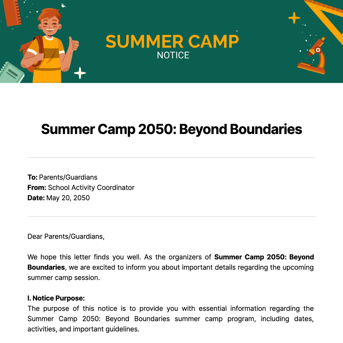 Summer Camp Notice Template