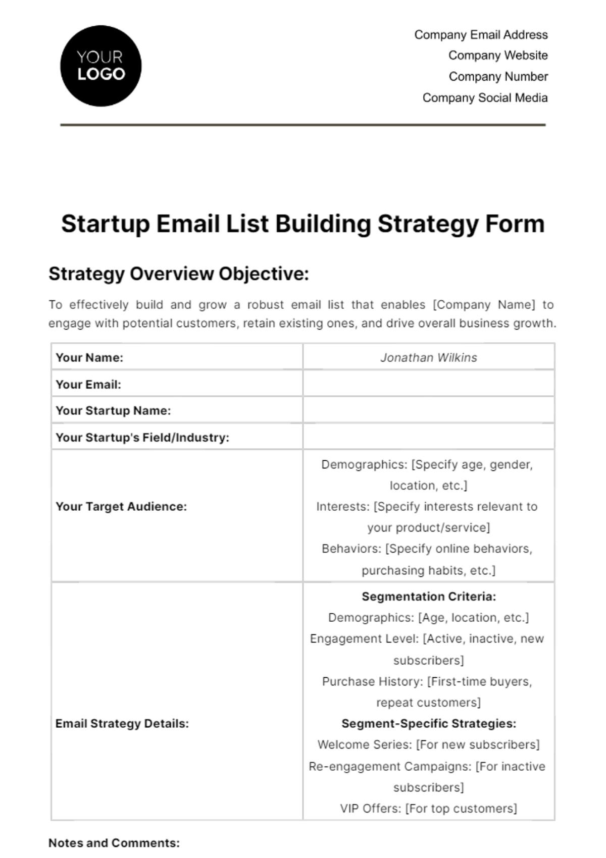 Free Startup Email List Building Strategy Form Template