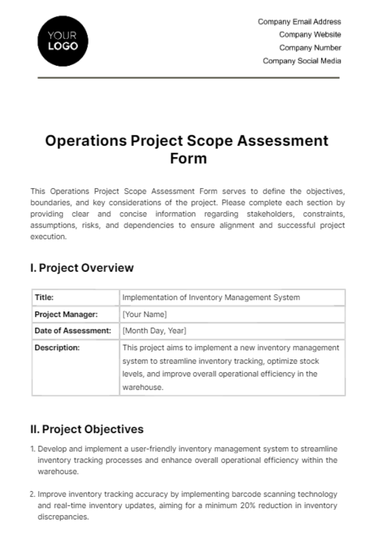 Free Operations Project Scope Assessment Form Template