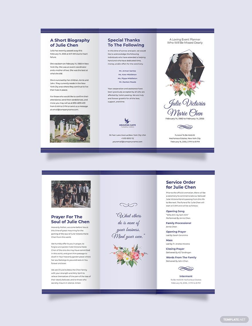 Mother/Mom Funeral Program Tri-Fold Brochure Template in Word, Google Docs, Illustrator, PSD, Apple Pages, Publisher, InDesign