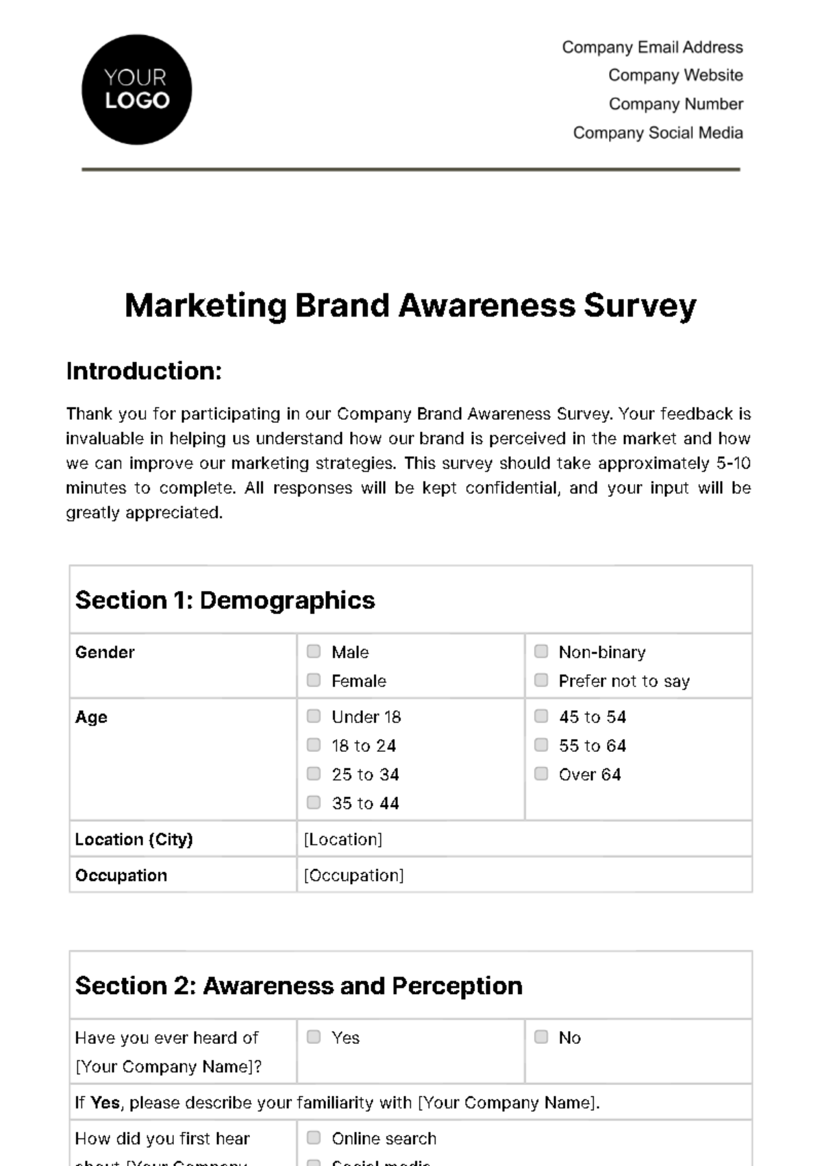 Marketing Brand Awareness Survey Template