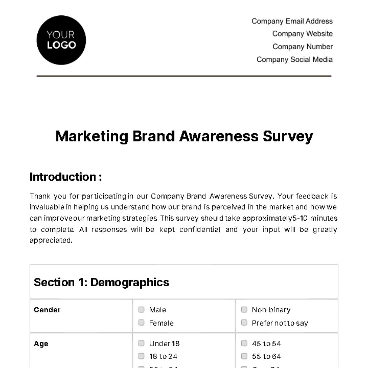 Marketing Brand Awareness Survey Template