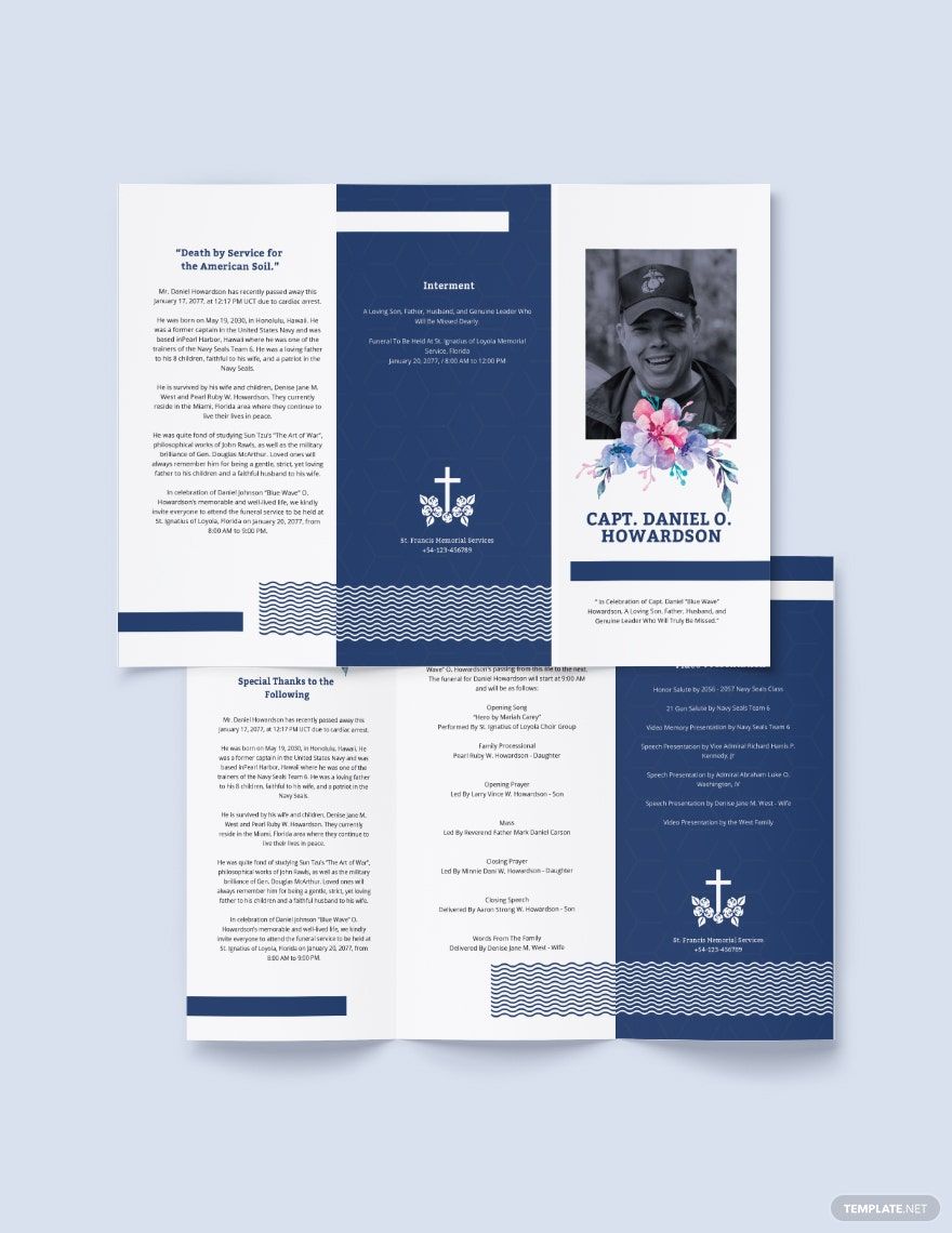 Navy Honors Funeral Memorial Tri-Fold Brochure Template