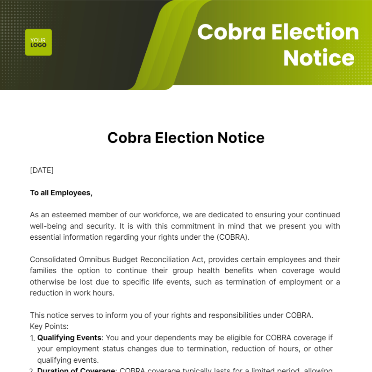 Cobra Election Notice Template - Edit Online & Download