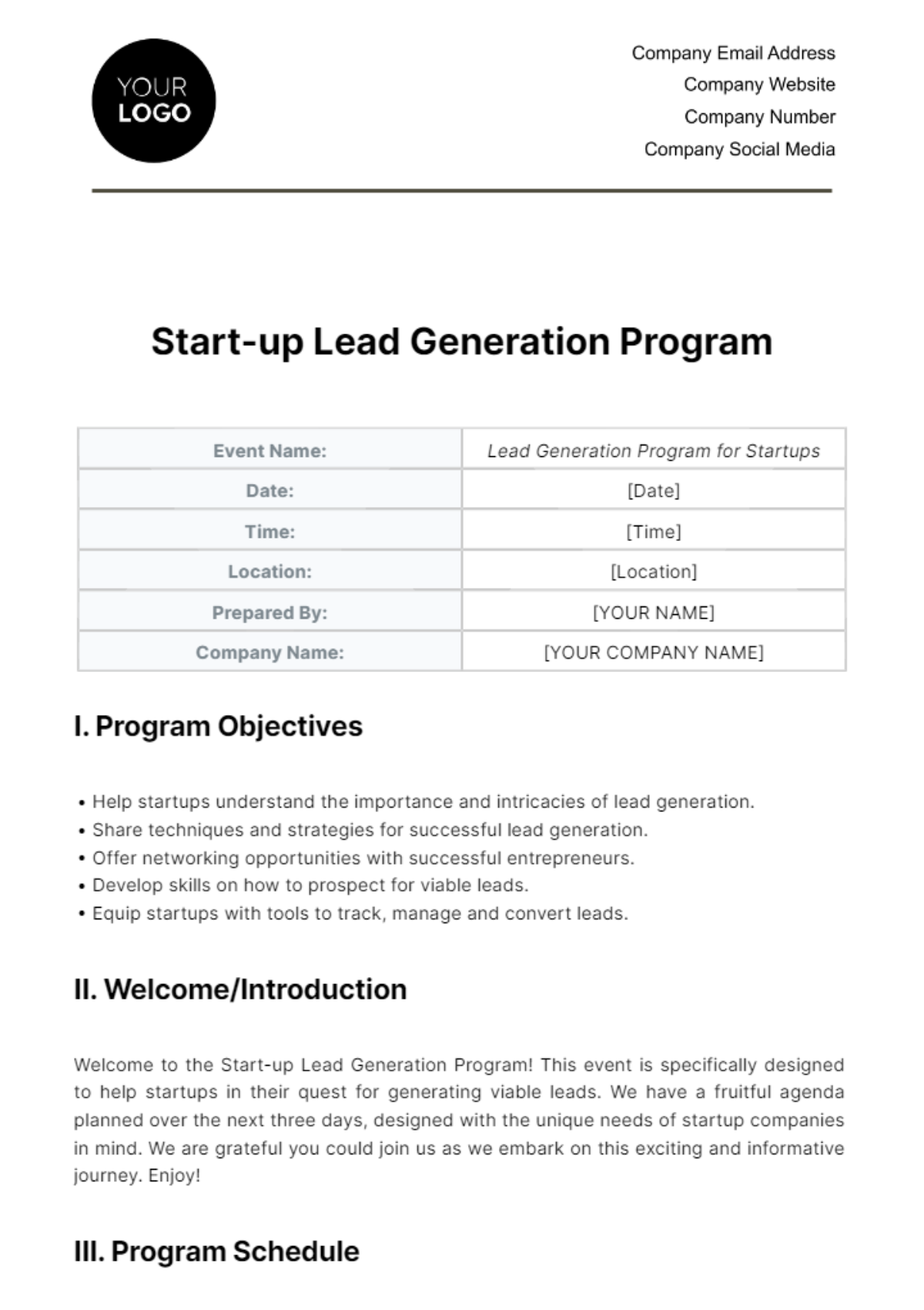 Free Startup Lead Generation Program Template