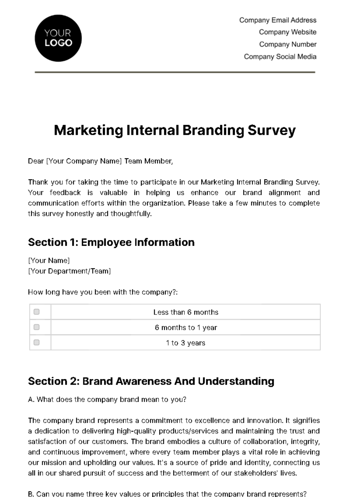 Marketing Internal Branding Survey Template