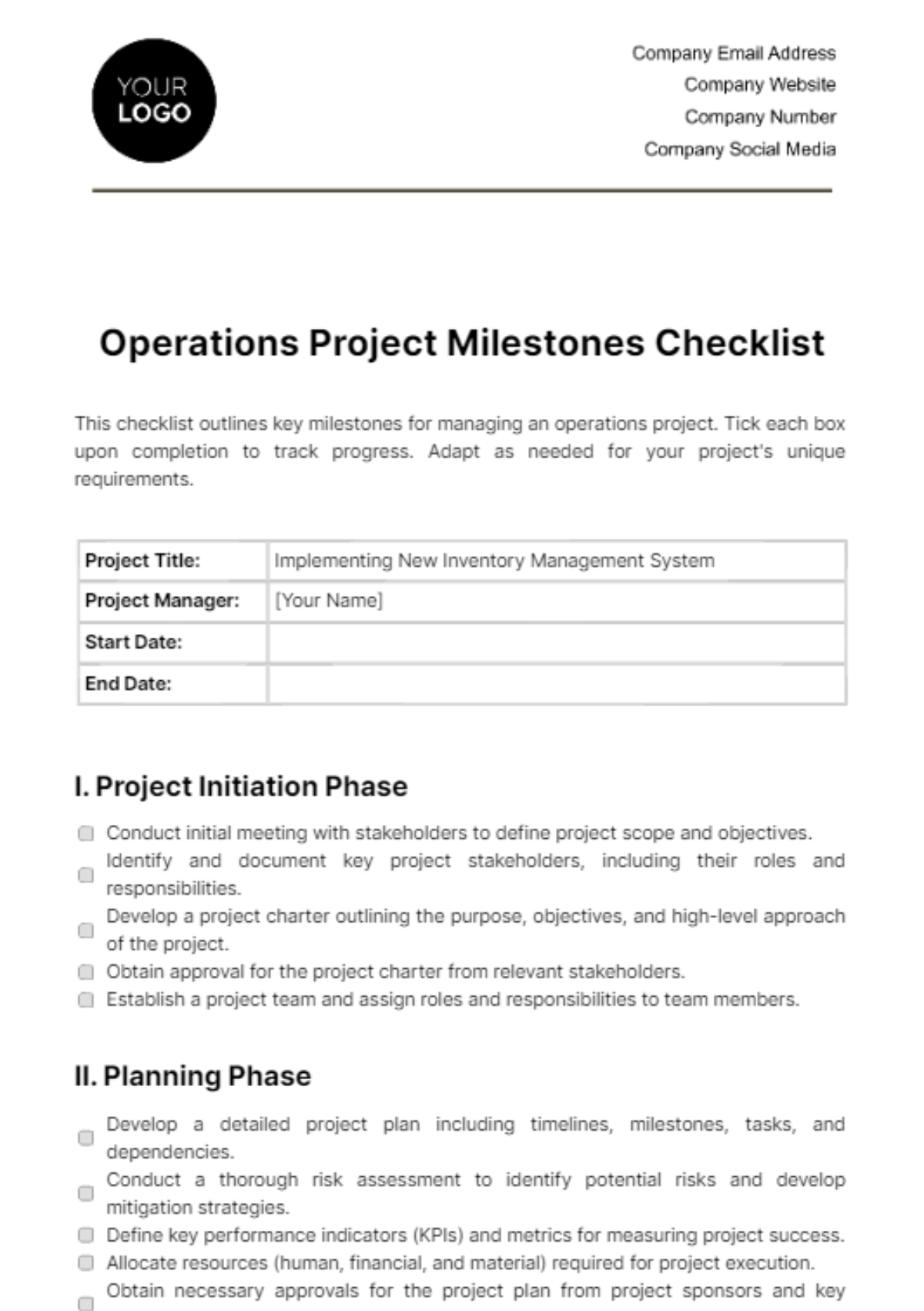 Operations Project Milestones Checklist Template
