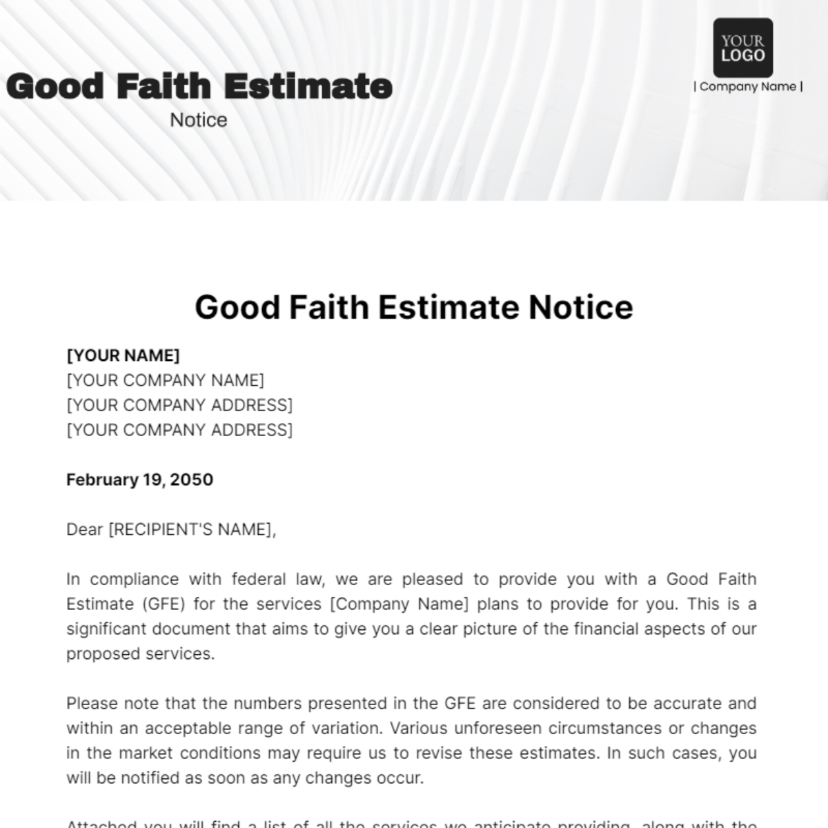 Good Faith Estimate Notice Template - Edit Online & Download