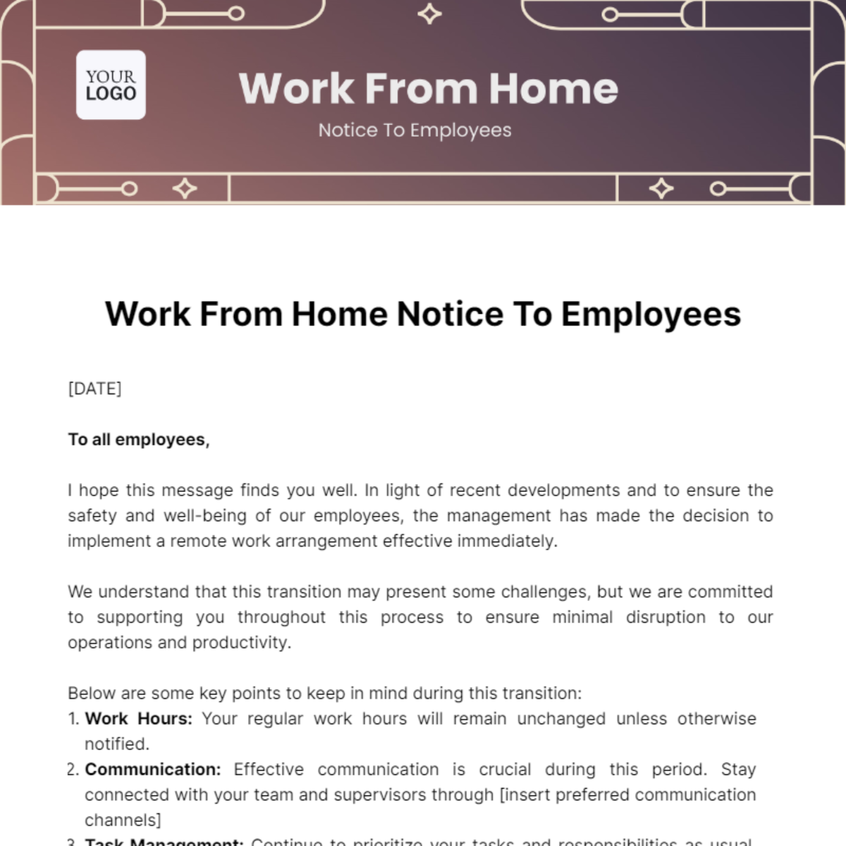 Free Work From Home Notice To Employees Template