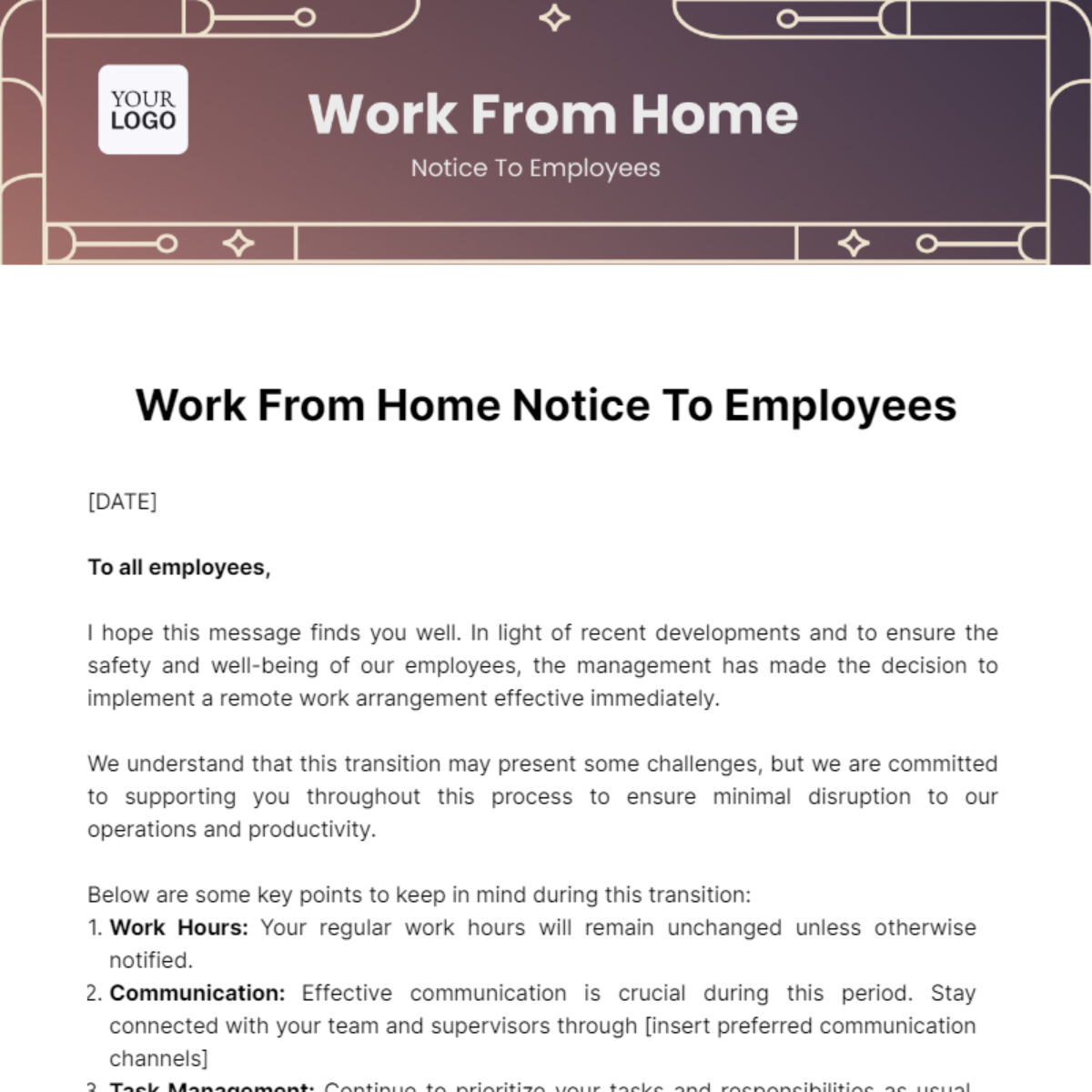 Work From Home Notice To Employees Template - Edit Online & Download