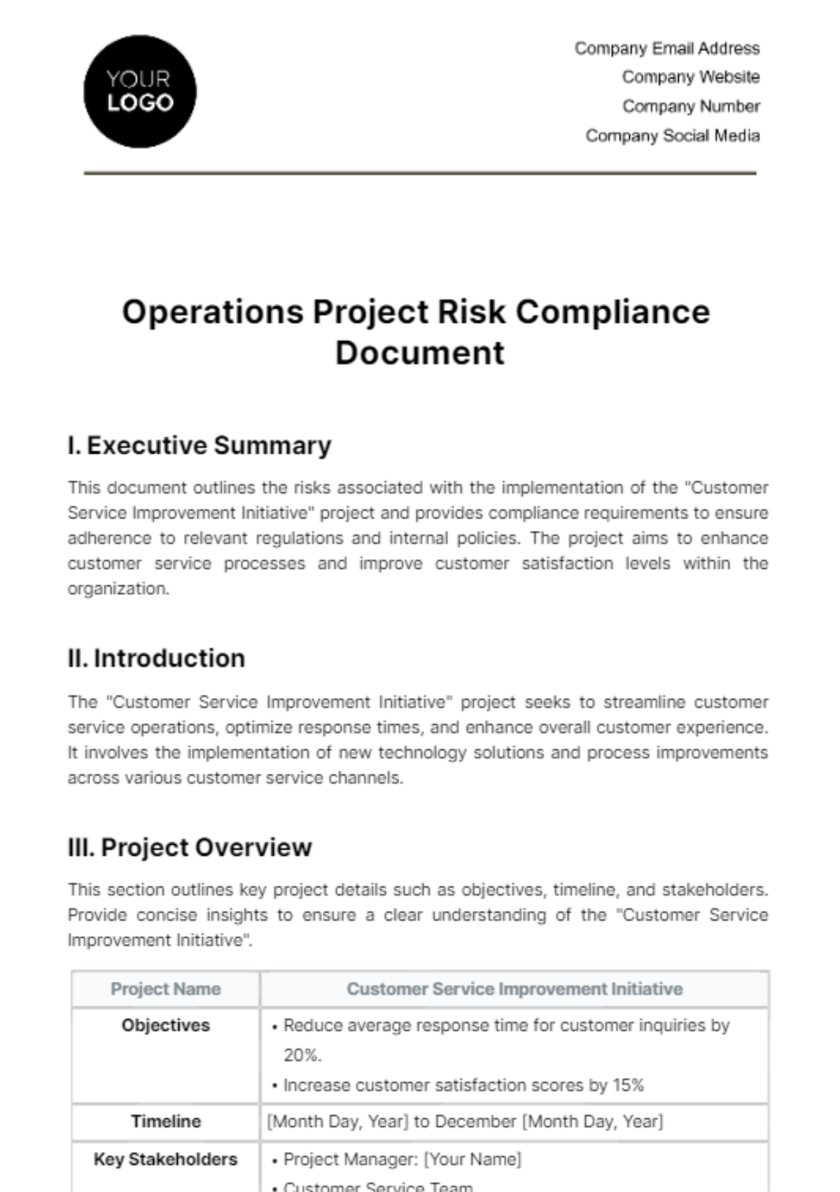 Operations Project Risk Compliance Document Template